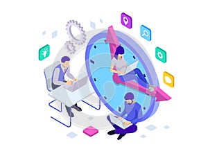 Isometric Effective time management concept. Business people plans and organizes working time, deals deadlines, achieve photo