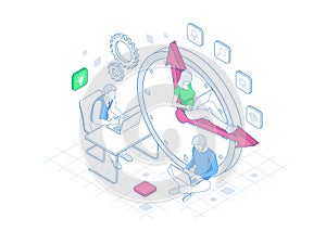 Isometric Effective time management in outline concept. Time management, planning, and organization of working time.