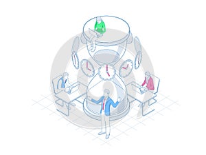 Isometric Effective time management in outline concept. Time management, planning, and organization of working time.