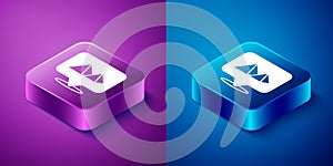 Isometric Egypt pyramids icon isolated on blue and purple background. Symbol of ancient Egypt. Square button. Vector