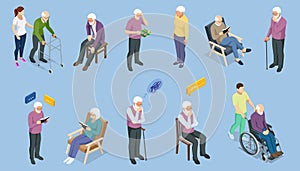 Isometric Elderly care. Elderly, old people, and senior people at home. Aged people. Grandparents, Aged seniors nurse