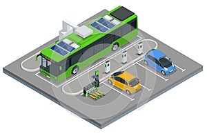 Isometric An electric bus, a bus that is powered by electricity. Ecological public transport