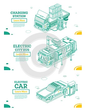 Isometric Electric Car, Bus and Flatbed Cargo Truck with Boxes on Charging Station