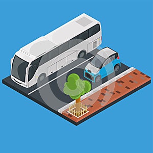 Isometric electric car and bus on a street