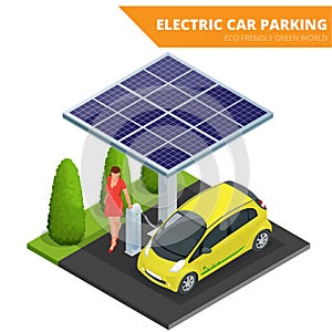 Isometric Electric car parking, electronic car. Ecological concept. Eco friendly green world. Flat 3d vector isometric