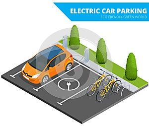 Isometric Electric car parking, electronic car. Ecological concept. Eco friendly green world. Flat 3d vector isometric