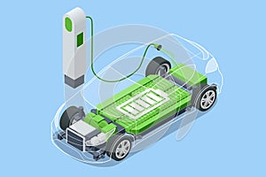 Isometric Electric car refueling. Power supply for electric car charging. Modern technology and environment care