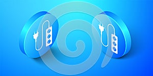 Isometric Electric extension cord icon isolated on blue background. Power plug socket. Blue circle button. Vector