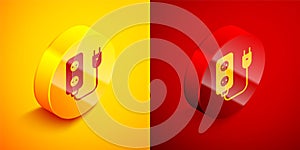 Isometric Electric extension cord icon isolated on orange and red background. Power plug socket. Circle button. Vector