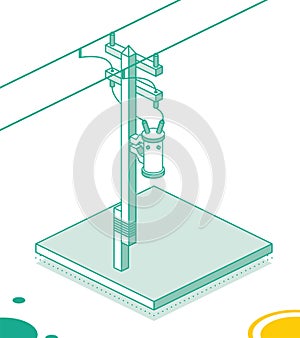 Isometric Electric Pole Supporting High Voltage Power Line. Electric Transformer on Pylon. Outline Concept Isolated on White