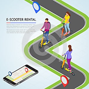 Isometric Electric Scooter on the road. Electric scooter transportation you can rent for a quick ride.