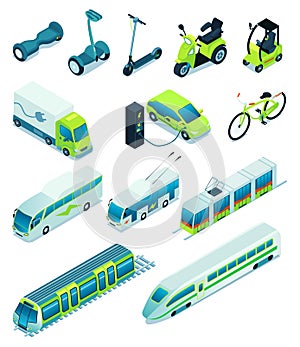 Isometric Electric Transport Ecology Friendly Vehicle Icon Set