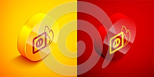 Isometric Electric wiring of socket in fire icon isolated on orange and red background. Electrical safety concept. Plug