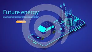 Isometric electrical car or EV modern vehicle with city on smartphone. Future energy and innovation transportation concept. Vector