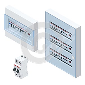 Isometric Electrical panel with fuses and contactors. Automatic circuit breakers, isolated on white background. Electric