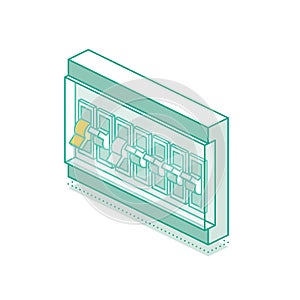 Isometric electrical panel with switches, fuse, contactor and automatic circuit breaker. Outline switchboard box. Power