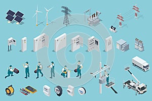 Isometric electricity icons set with solar panels, power stations, high voltage wires, electric switchboards