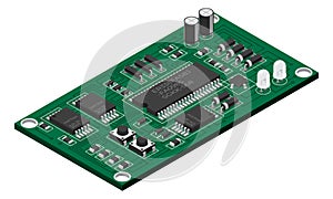 Isometric electronic board. Isometric printed circuit board with electronic components. Electronic components and integrated