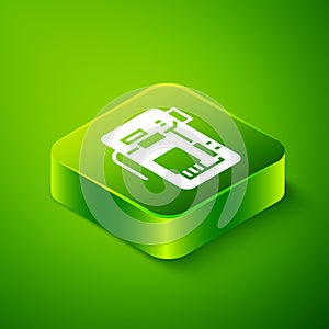 Isometric Electronic computer components motherboard digital chip integrated science icon isolated on green background