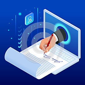 Isometric electronic signature concept. Electronic Document, digital form attached to electronically transmitted photo