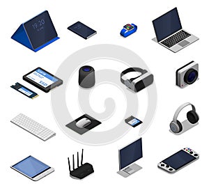 Isometric electronic technology gadgets. Laptop, computer, mouse and vr glasses. Digital gadget for work, game and study