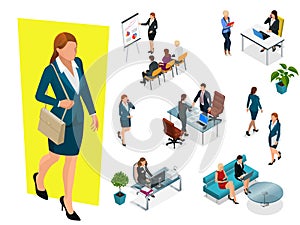 Isometric elegant business women in formal clothes. Base wardrobe, feminine corporate dress code. Business negotiations