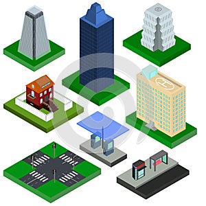 Isometric elements for city, houses, gas station and crossroad w