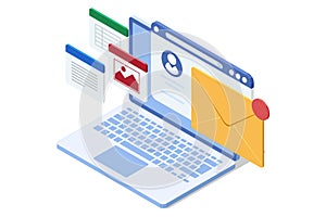 Isometric email, business e-mail communication and digital marketing, electronic message alert