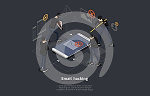 Isometric email hacking concept. Hacked login and password. Network and internet security. Anti virus, spyware, malware