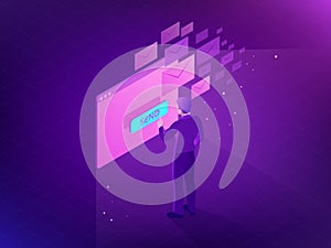 Isometric Email Inbox Electronic Communication. E-mail marketing. Receiving messages. New mail receive. Inbox message photo