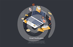 Isometric Email Notification Concept. People Receive And Send Emails. Big Laptop with Open Envelope And Infographics on