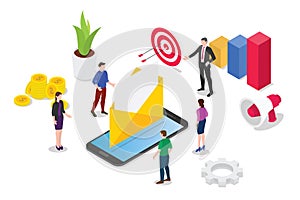 Isometric email service or services concept with team people working together on the marketing side based on data - vector