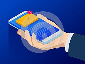 Isometric email or sms app on a smartphone screen. New message is received. Male fingers touching smartphone with mail