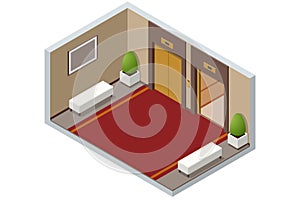 Isometric empty luxury hotel hallway interior with closed numbered doors, glowing wall lamps, potted plants and elevator