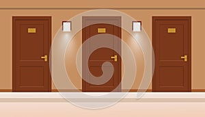 Isometric empty luxury hotel hallway interior with closed numbered doors, glowing wall lamps, potted plants. Enjoy the