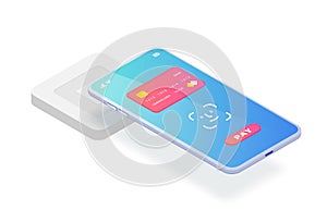 Isometric EMV chip credit card square reader. Secure cashless payment via smartphone face id vector illustration photo