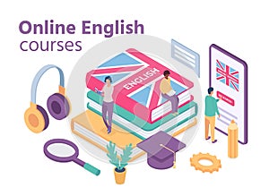Isometric english courses. Online foreign language school with student learn vocabulary and reading books. Distance