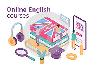 Isometric english courses. Online foreign language school with student learn vocabulary and reading books. Distance education