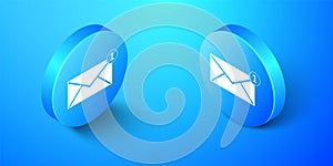 Isometric Envelope icon isolated on blue background. Received message concept. New, email incoming message, sms. Mail