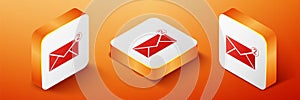 Isometric Envelope icon isolated on orange background. Received message concept. New, email incoming message, sms. Mail