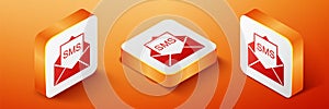 Isometric Envelope icon isolated on orange background. Received message concept. New, email incoming message, sms. Mail