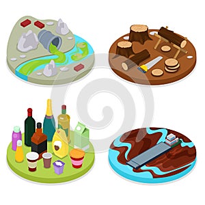 Isometric Environmental Pollution Set. Chemical Waste. Dirty Water. Deforestation
