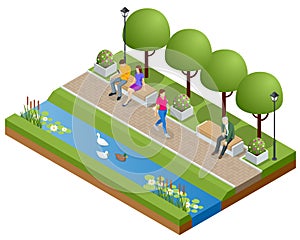 Isometric eople relaxing and walking in the park near the lake. Active and healthy relaxation.