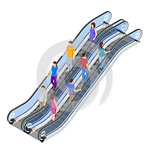 Isometric Escalator isolated on white background. People stand on the escalator in the subway, shopping mall, business
