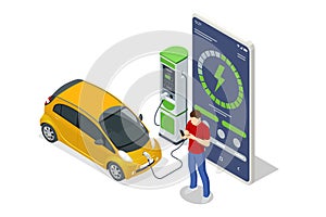 Isometric EV charger station application on mobile. Car charger. Electromobile charging station.