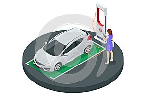 Isometric EV charger station application on mobile. Car charger. Electromobile charging station.