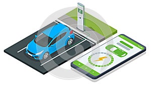 Isometric EV charging station for electric car with mobile app display charger status. Car charger. Electromobile