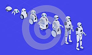 Isometric evolution of robots. Progress in robotics, futuristic robotic machines and robot android development 3D vector