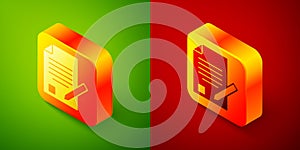 Isometric Exam sheet and pencil with eraser icon isolated on green and red background. Test paper, exam, or survey