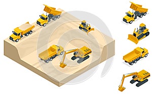 Isometric excavators and bulldozers dig a pit on the sand quarry.